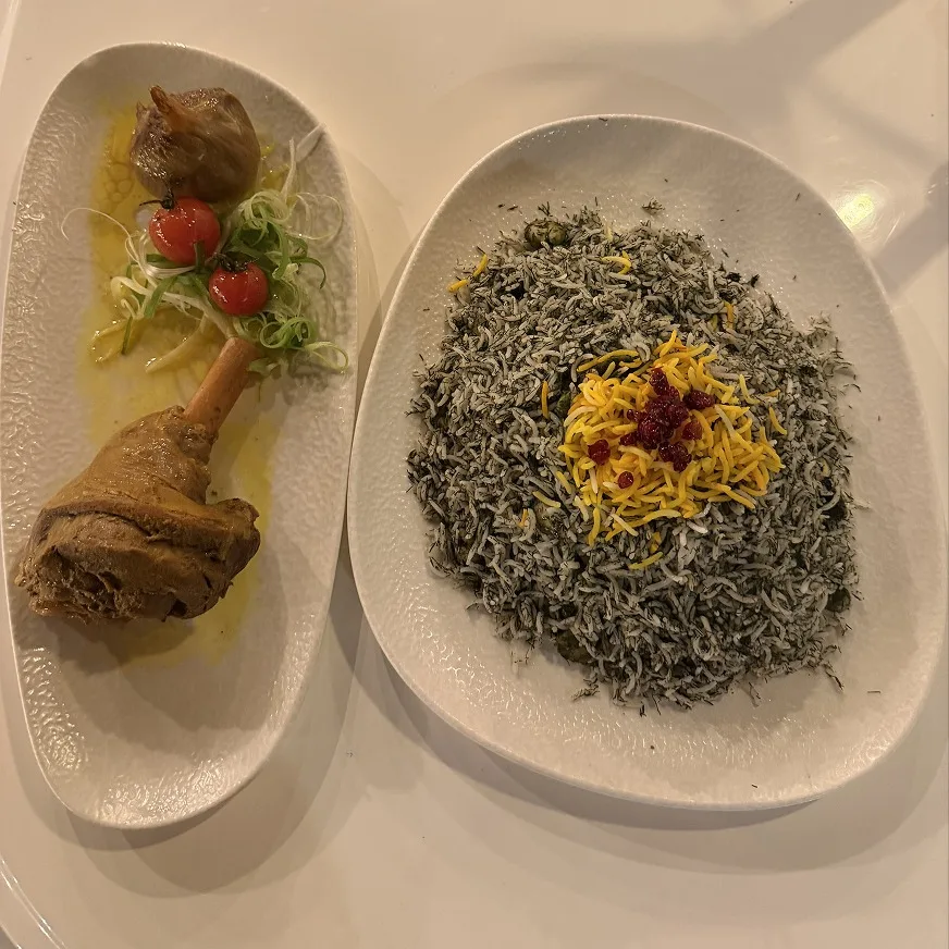 Authentic Baghali polo mahicheh at Toranj Persian Restaurant Marbella Spain