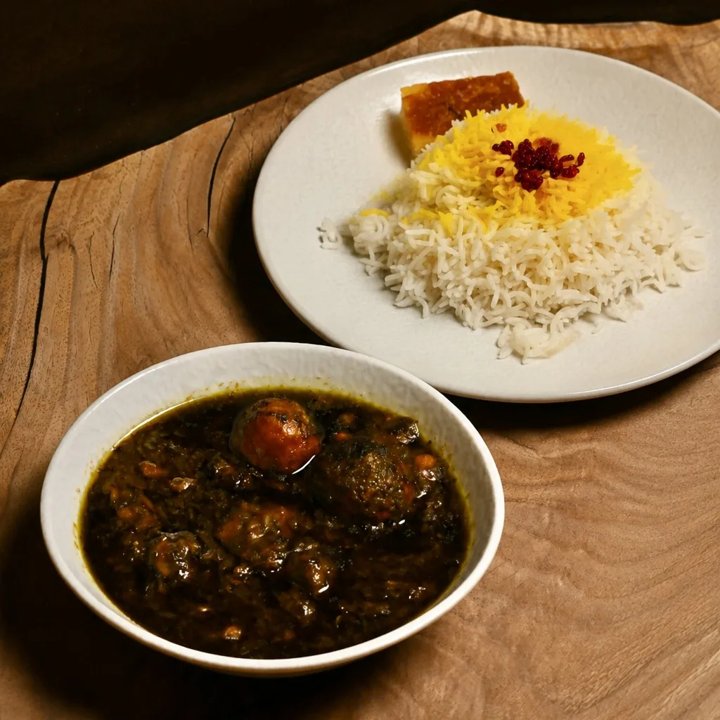 Authentic khoresht Ghormeh sabzi (With Rice) at Toranj Persian Restaurant Marbella Spain