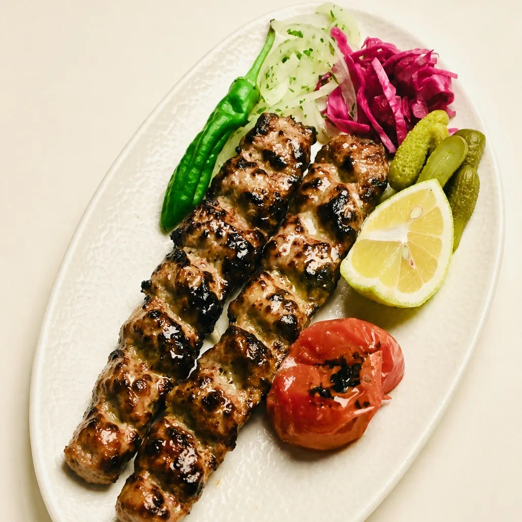 Two skewers of traditional charcoal-grilled Kubideh kebab at Toranj Persian Restaurant Marbella
