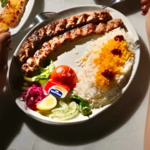 Authentic Persian Kubideh kebab served with saffron basmati rice at Toranj Persian Restaurant Marbella Spain